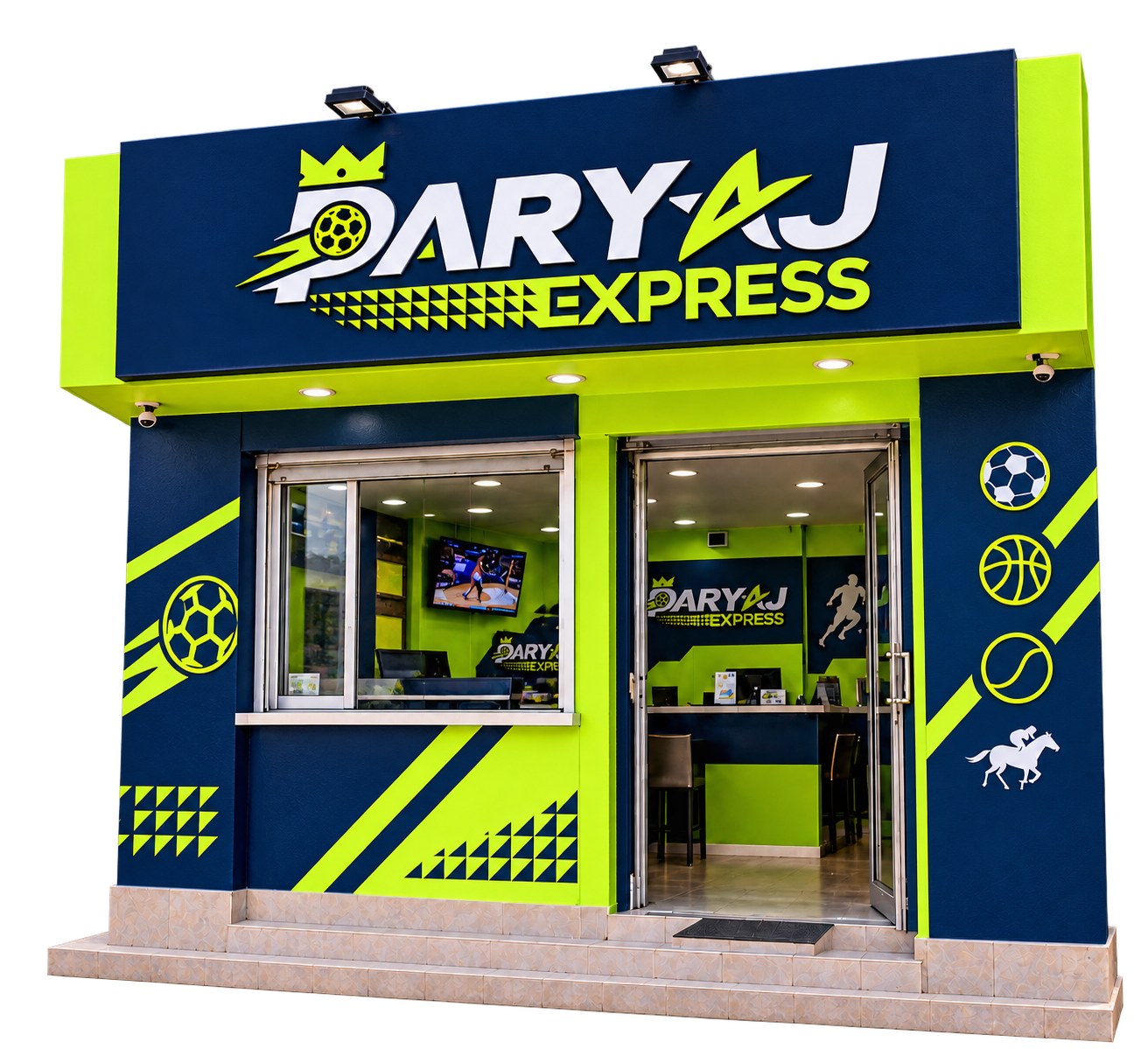 Modèl yon kioske Paryaj Express ak enseñ limine, ekran andedan ak yon guichet sèvis