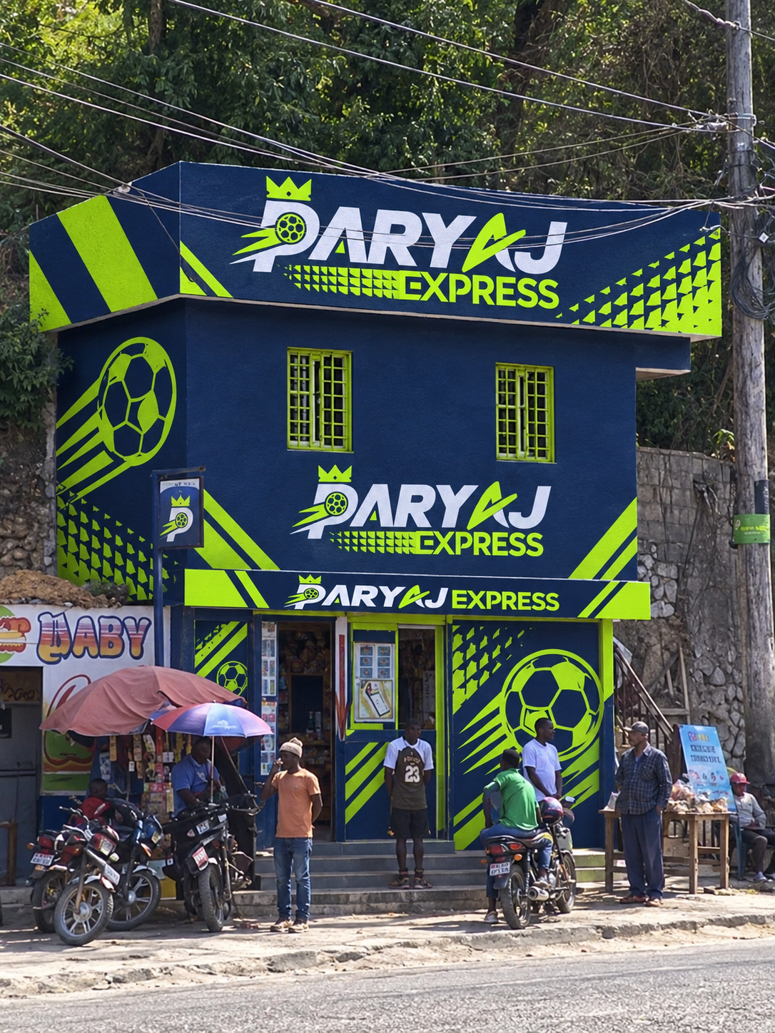 Yon bilding Paryaj Express ak mak la pentire sou fasad la, moun ap pase devan l nan lari a